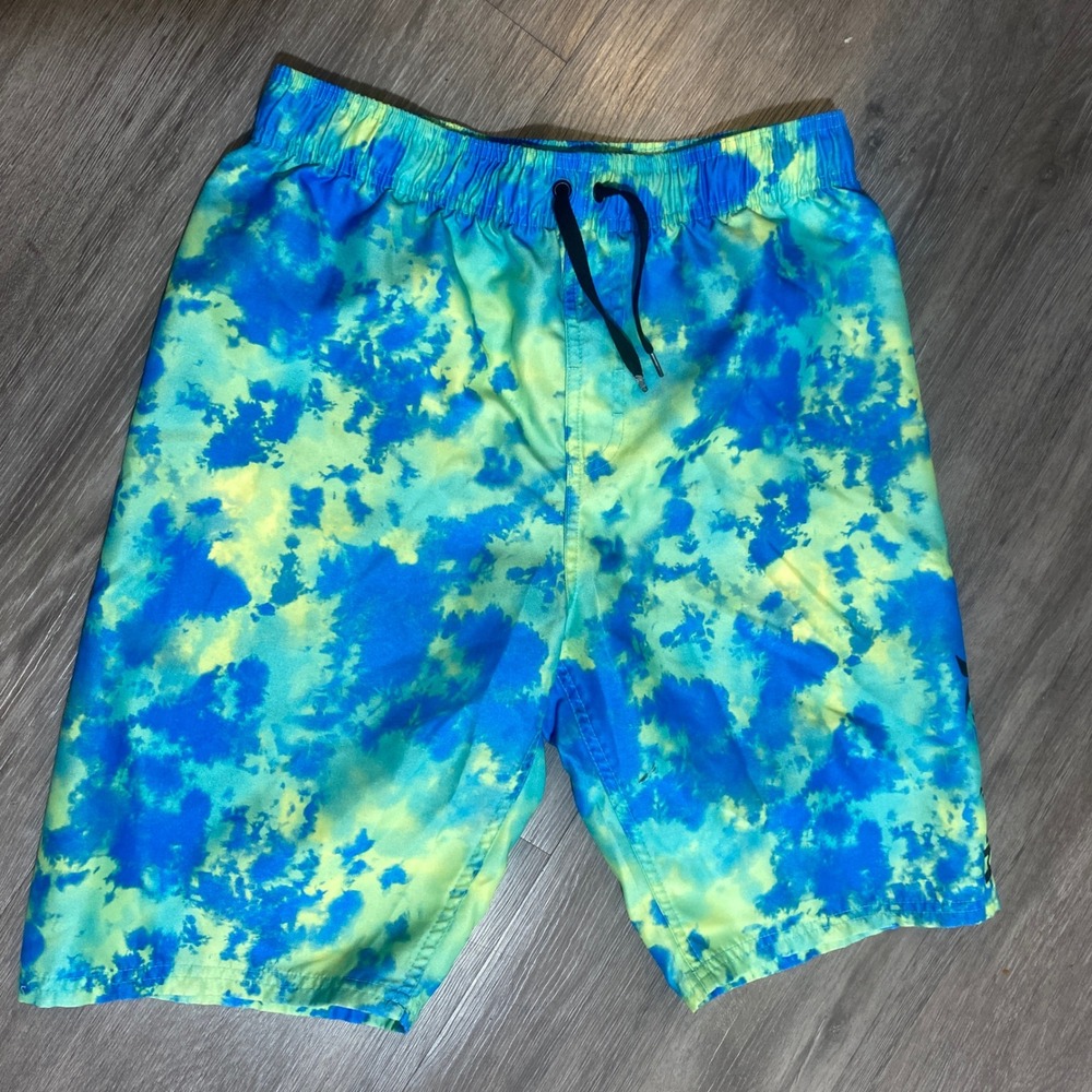 Hurley Mens XL Tie Dye Swim Trunks Blue Lime Green‎ Board Shorts Mesh Lined 0097